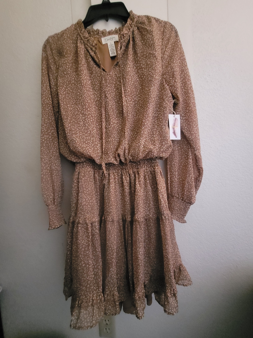 Jessica Simpson Brown Leopard Print Long Sleeve Tiered Dress